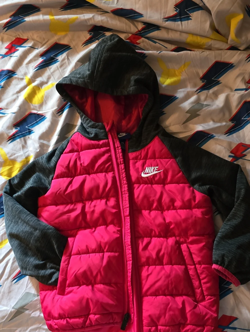 Nike Kids Pink and Charcoal Hooded Puffer Jacket